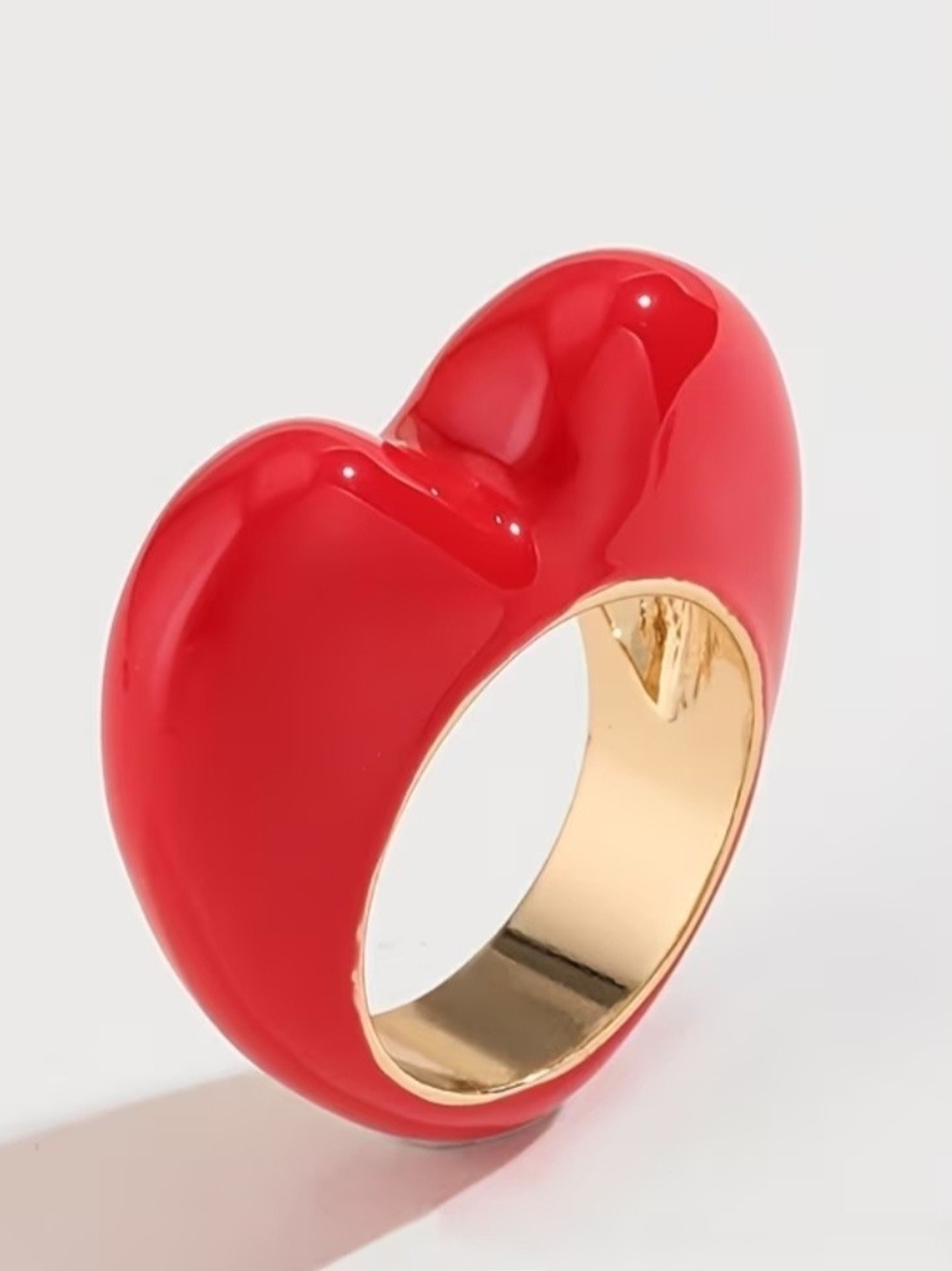 Red Heart Dome Ring with Gold Interior